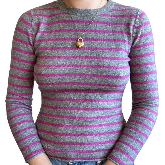 Garnet Hill Womens 100% Cashmere Pink Gray Striped Crewneck Sweater Sz XS - Picture 5 of 8